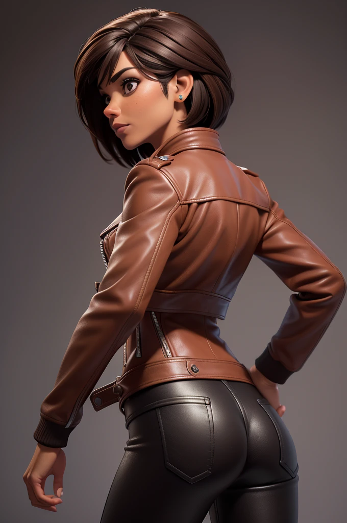 obra prima, melhor qualidade, ((only one woman,)) ((kristi noem, dark tan skin, dark brown bob hair)) looking over shoulder at me, ((wearing black leather biker moto jacket, jacket has padded shoulders, jacket has stiff high collar,)) (((wearing red leather pants,))) body is very skinny, arched back, ((extreme closeup view, rear view of high upper body,)) shallow depth of field, highres, HD, 8k, anatomically correct