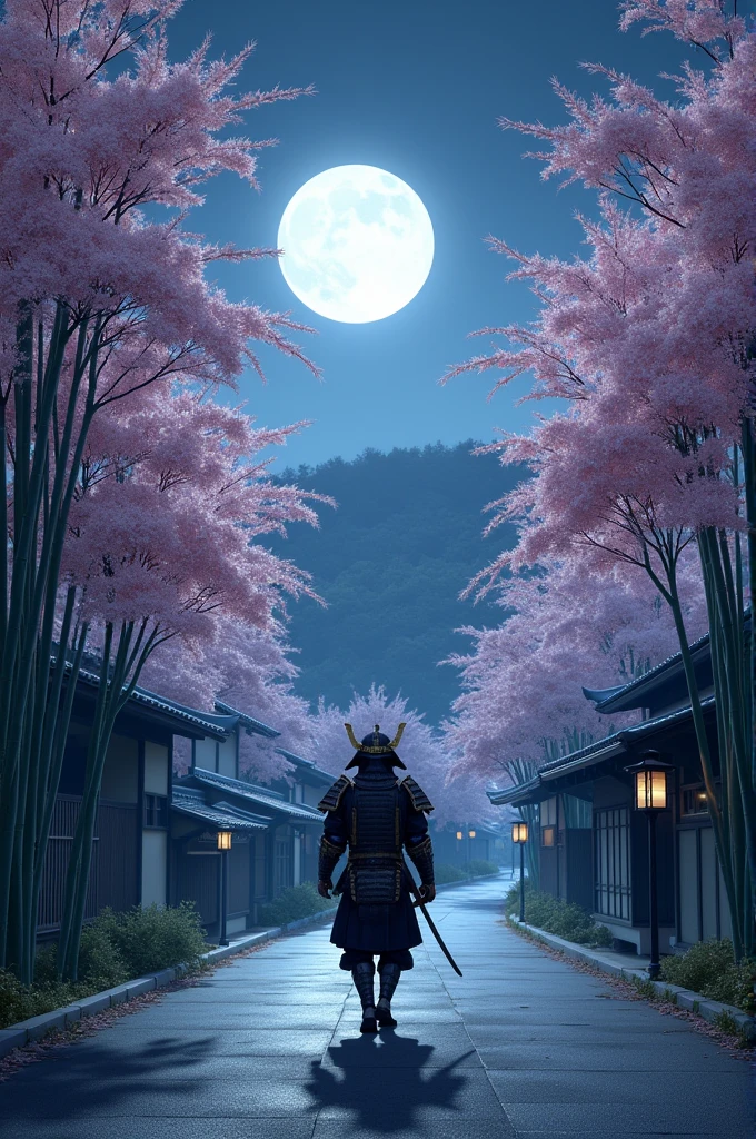 An old Japanese village at night, with traditional wooden houses surrounded by tall bamboo and cherry blossom trees in full bloom under a bright full moon, as a lone samurai in armor, helmet, and weapon walks down a quiet road.