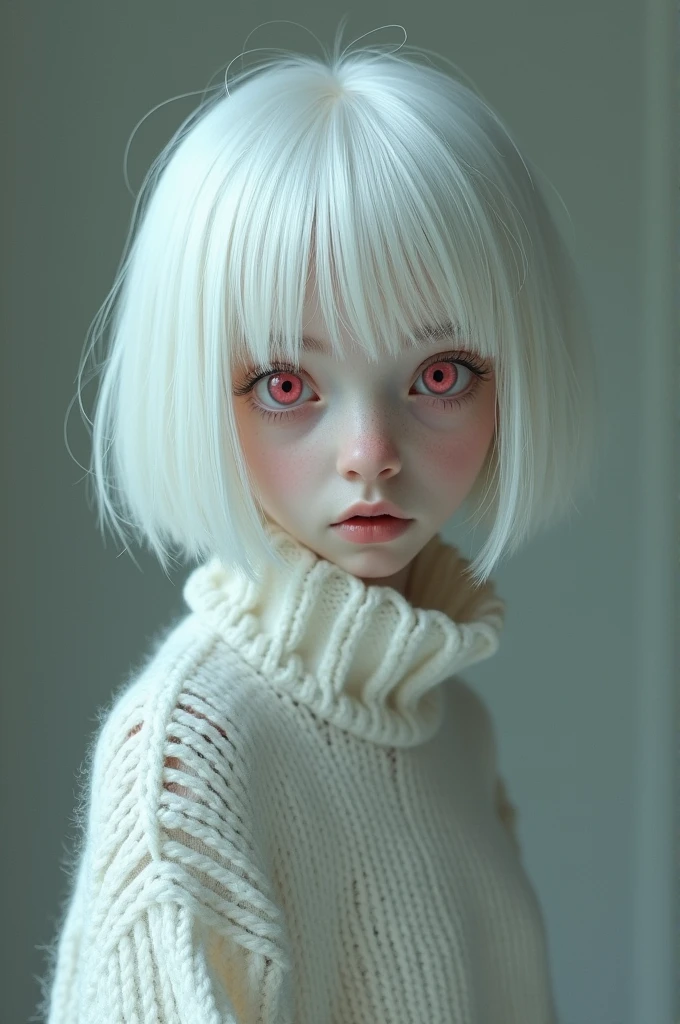An albino, Scrawny, light hair, straight and short with bangs, light red eyes, skin as white as snow, wearing a kind of long, worn sweater