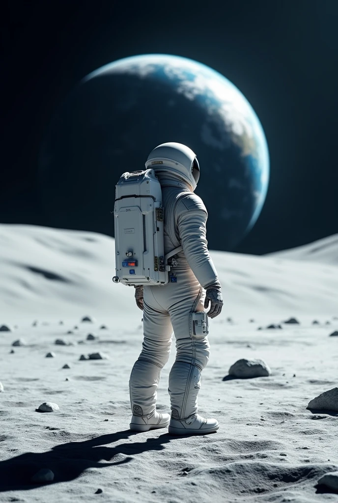 Place an astronaut on the moon with the Earth in the background as a complete sphere, the moon well lit and a futuristic suit.