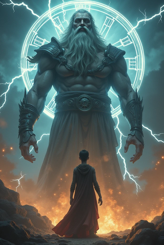 A teenager facing Chronos the god of time, with lightning background with giant clock