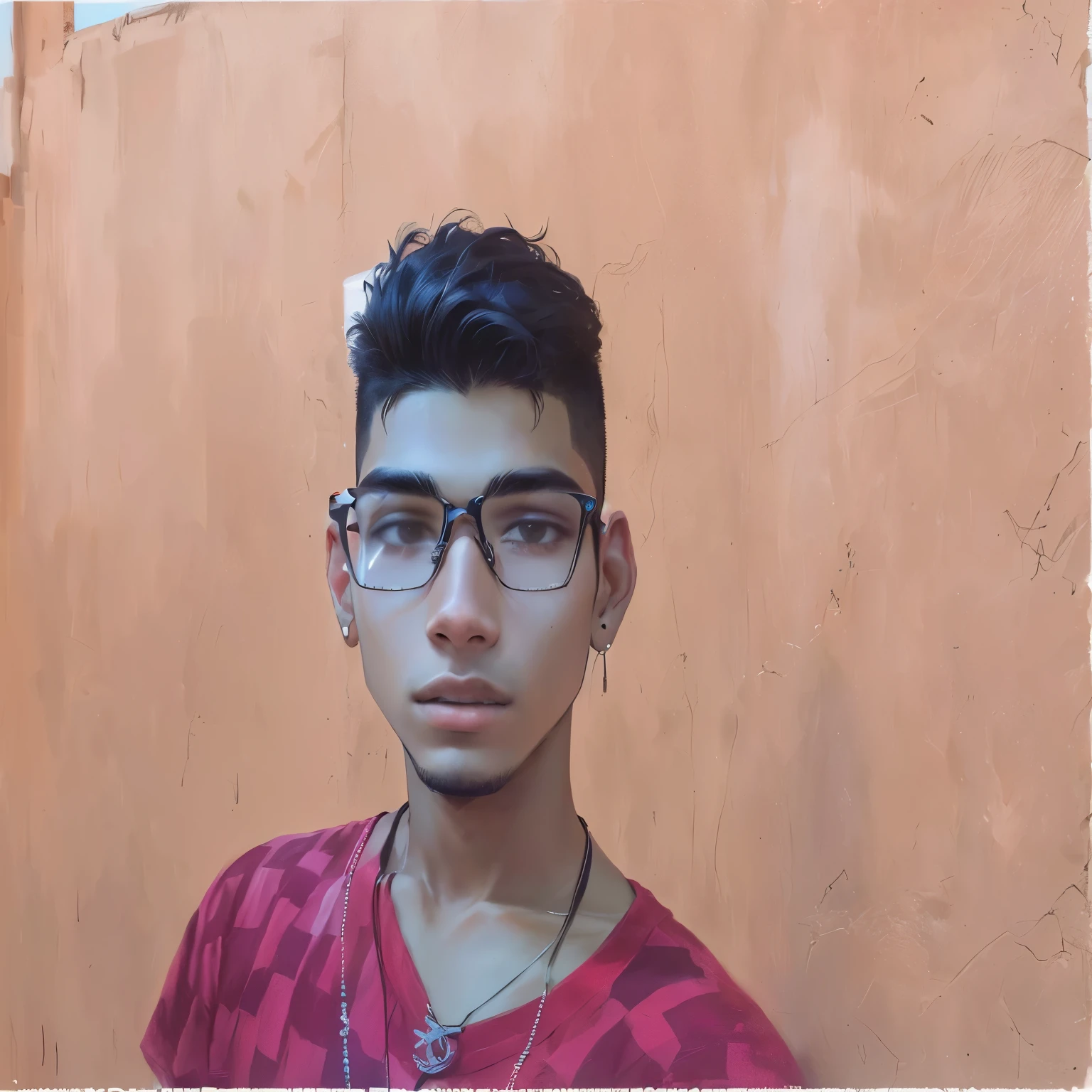 There is a young man with glasses and a necklace on his head.., frontal image, Matthew 9 5, caio santos, Ismail, about 19 years old, photo realist, very low quality image, 18 years old, male teenager, , perez fabian, André Rios, emad mostaque,  bearded 