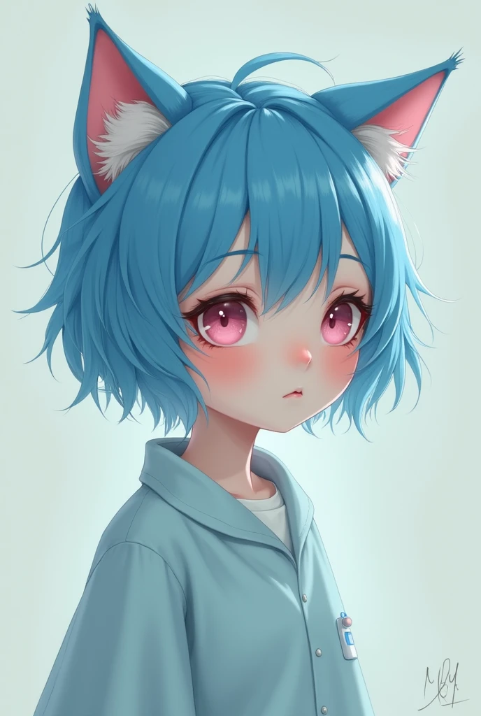 blue-haired guy with cat ears and soft pink eyes, pale skin and in a medical gown