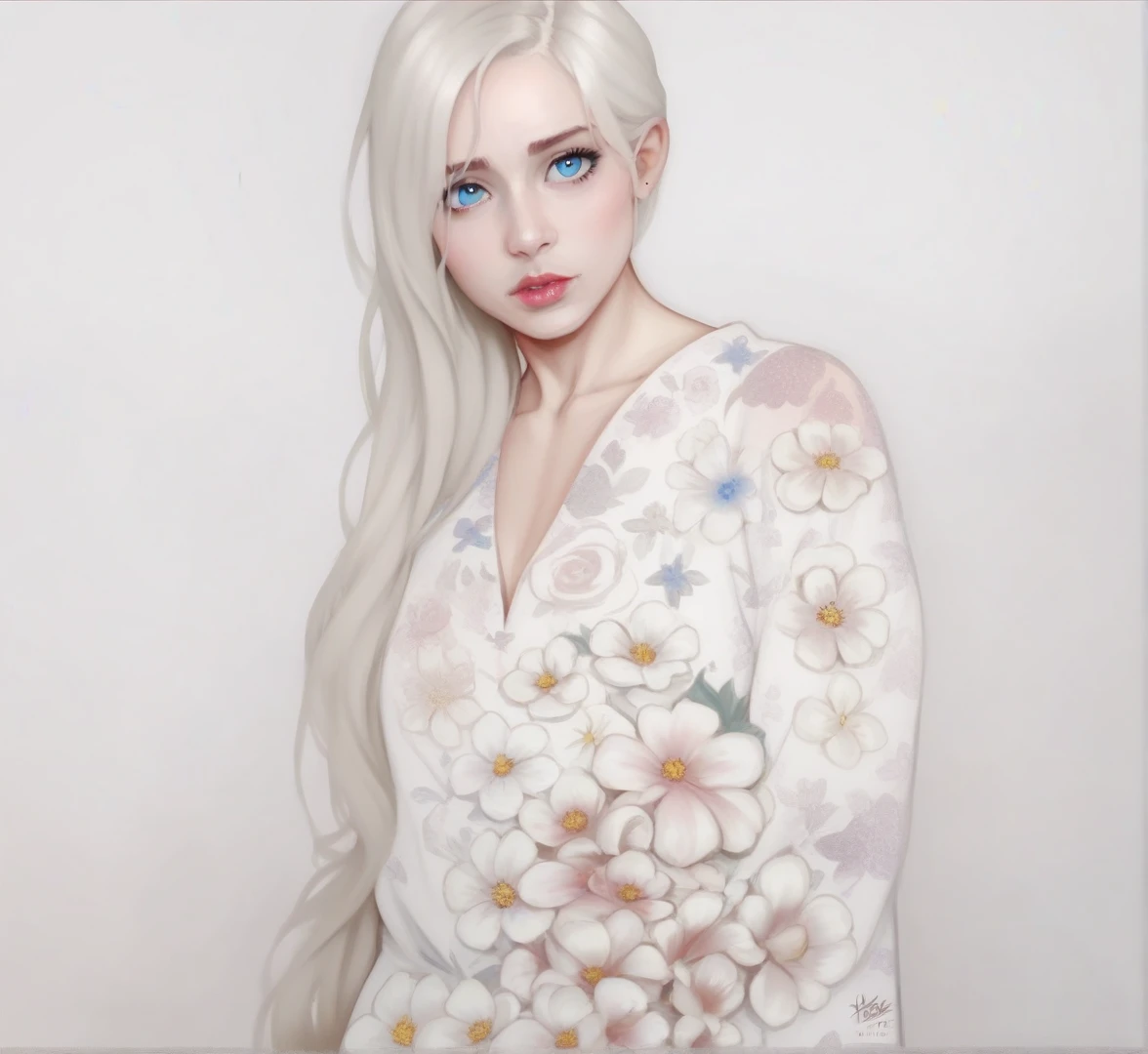 a girl with long white hair and blue eyes,looking up,upper body,best quality,8k,highres,masterpiece,ultra-detailed,realistic,photorealistic,photo-realistic,HDR,UHD,studio lighting,ultra-fine painting,sharp focus,physically-based rendering,extreme detail description,professional,vivid colors,bokeh,cinematic lighting ultra white skin,flower dress