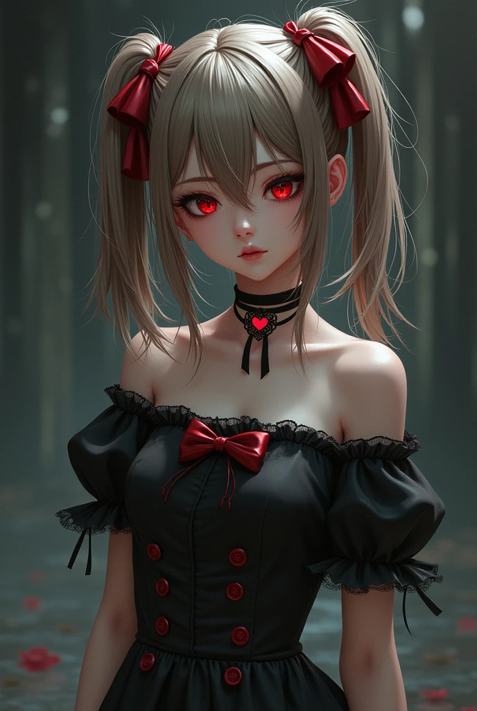 1girl, evil neuro-sama, red eyes, light brown hair, ahoge, two side up, hair ribbon, dark red ribbon, heart hair ornament, black dress, frilled dress, off-shoulder dress, bare shoulders, frilled choker, long sleeves, red bow, red buttons, black heart, black socks, frilled socks, grey footwear, loafers, (masterpiece, best quality), highly detailed, finely detailed, wet, see-through,