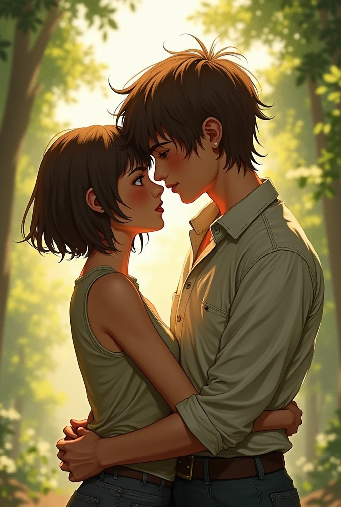 Final Fantasy 8 male and female protagonists lying in flowers,Holding and kissing,The background is a sunny forest,Feathers flutter in the sky,Exposing the abdomen。超高分辨率,super high image quality,Live action。 --auto