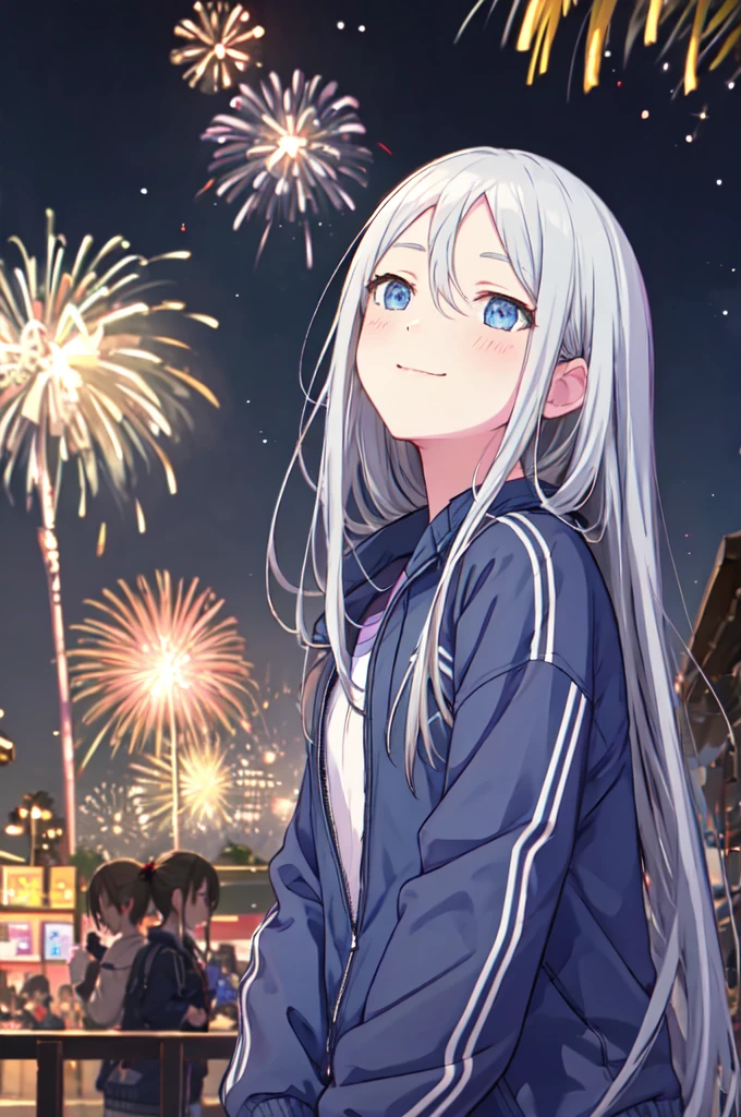 Kanade 3rd, , Blue jacket, Purple T-shirt, blush, smile、Watch the fireworks、Looking up towards the fireworks