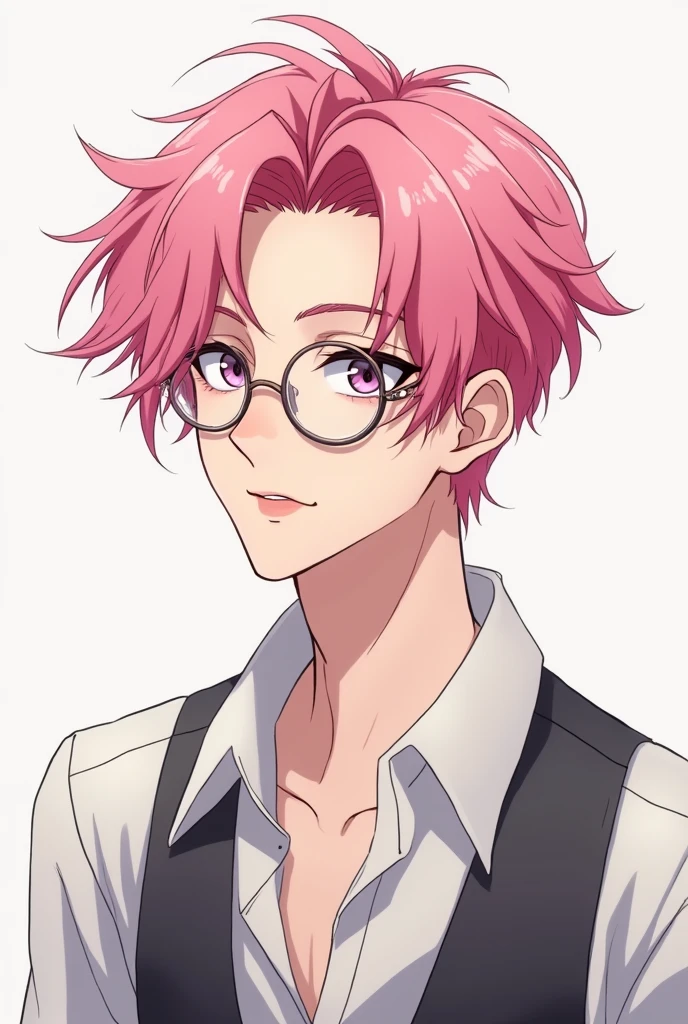 Anime pink hair man thin round sunglasses