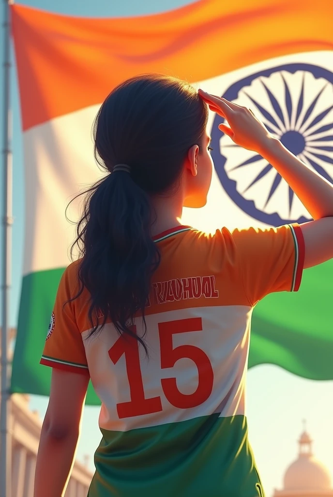 A 20 years old girl salutes the national flag of bharat and he is wearing a shirt print is like bharat flag and "Mansi Kaushal" and 15 number and independence day in small is written on it's back in big and bold fonts, 3d illustration