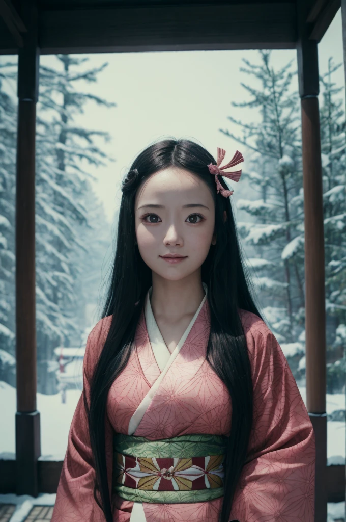 A young girl in realistic portrait of high quality and detail, movie style, Nezuko Kamado (Kimetsu no Yaiba), 18 years old, her black hair remains loose, its ends have turned orange, and Nezuko's eyes have turned from burgundy to a bright pink shade. Nezuko carries a bamboo stick in her mouth. She wears a pink kimono with an asanoha pattern, a red and white checkered obi and a black haori., pale skin, asian girl, medium breast, dark fantasy, dark atmosphere, happy look, glow, eye shadow, 1girl, Depth & Perspective, fangs, full-length photo, smiling face, Japanese hieroglyphens in pupils, fine face, She's standing in the japanese street, outdoors, snow on background, winter, night time, looking at viewer, (ultra-high detail:1.2), Masterpiece, Best Quality, Ultra-detailed, Cinematic lighting, 8K, delicate features, cinematic, 35 mm lens, f/1.9, highlight lighting, global lighting –uplight –v 4, cinematic, Cinematic lighting, 8K, high quality, Highest Quality, (Solo Focus), (extremly intricate:1.3), (Realistic), masterful, Analog style, (Film grain:1.5), (cold tone),