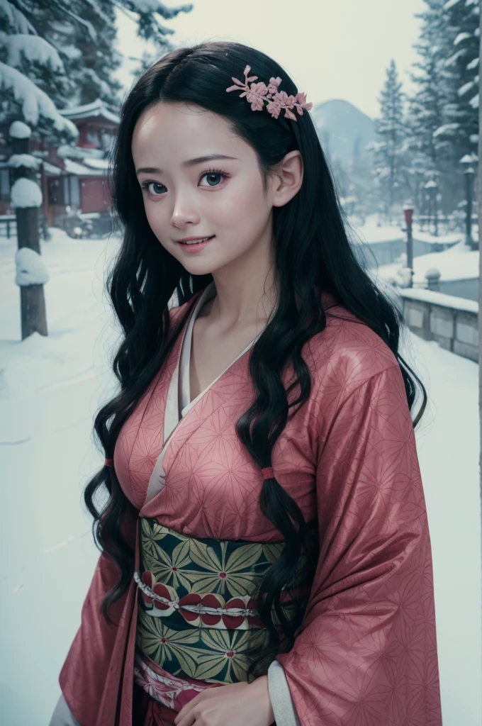 A young girl in realistic portrait of high quality and detail, movie style, Nezuko Kamado (Kimetsu no Yaiba), 18 years old, her black hair remains loose, its ends have turned orange, and Nezuko's eyes have turned from burgundy to a bright pink shade. Nezuko carries a bamboo stick in her mouth. She wears a pink kimono with an asanoha pattern, a red and white checkered obi and a black haori., pale skin, asian girl, medium breast, dark fantasy, dark atmosphere, happy look, glow, eye shadow, 1girl, Depth & Perspective, fangs, full-length photo, smiling face, Japanese hieroglyphens in pupils, fine face, She's standing in the japanese street, outdoors, snow on background, winter, night time, looking at viewer, (ultra-high detail:1.2), Masterpiece, Best Quality, Ultra-detailed, Cinematic lighting, 8K, delicate features, cinematic, 35 mm lens, f/1.9, highlight lighting, global lighting –uplight –v 4, cinematic, Cinematic lighting, 8K, high quality, Highest Quality, (Solo Focus), (extremly intricate:1.3), (Realistic), masterful, Analog style, (Film grain:1.5), (cold tone),