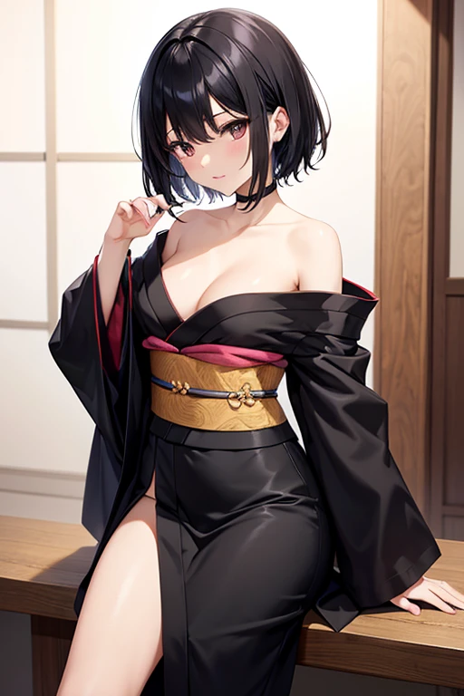Black hair
Short
Kimono
Flat chested
Emphasis on chest