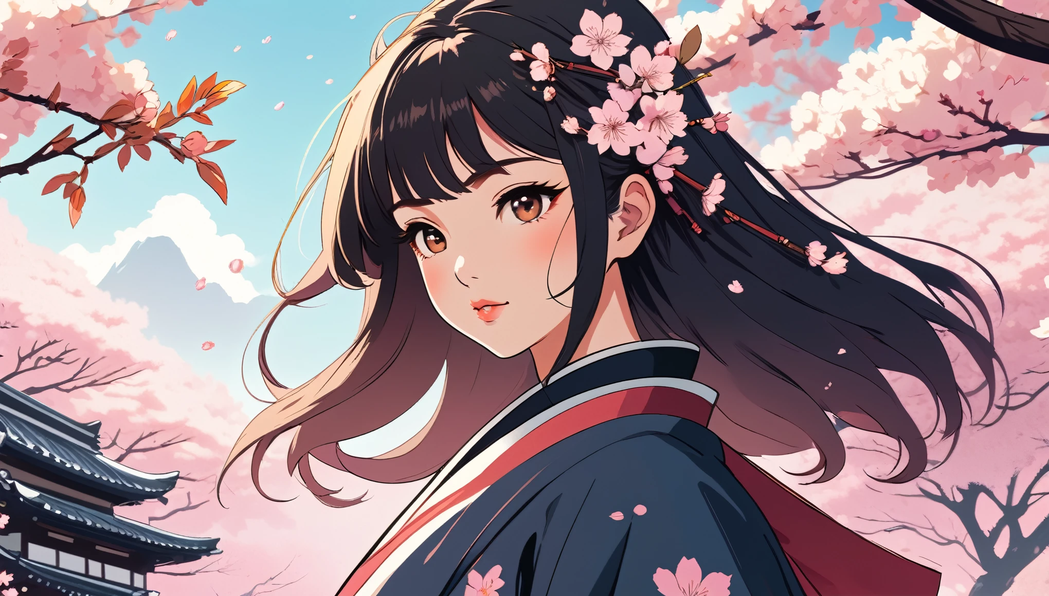 Sexy female samurai、cherry blossoms、Wide-angle lens, Lofi Anime, Lofi illustration, Aesthetic atmosphere, Lo-Fi Style, Vector art, Flat Design, Simple shape, Warm tones, Pleasant atmosphere, Chill, In anime style, Digital drawing, Vector art, Vector logo for t-shirt printing, (Adorable:1.5), (small:1.4), (Playful:1.2), (soft:1.3), (Whimsical:1.1), masterpiece, Highest quality, 8k, Intricate details, grow, Celestial, Mysterious, Picturesque, amazing, Majestic, Magic, Fantasy art, Cover art, dream-like