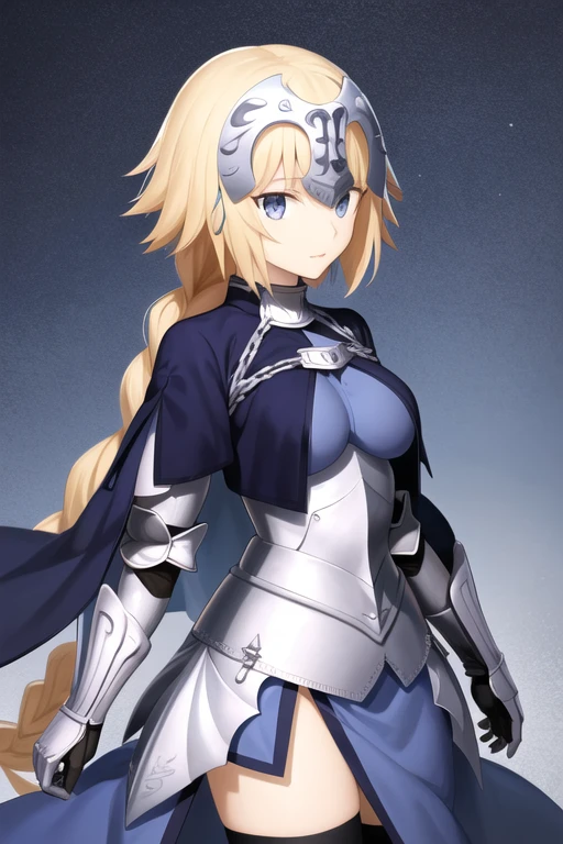 aajd, long hair, single braid, long braid, headpiece, blue cloak, blue cape, blue shirt, armor, armored dress, blue dress, gauntlets, black thighhighs 