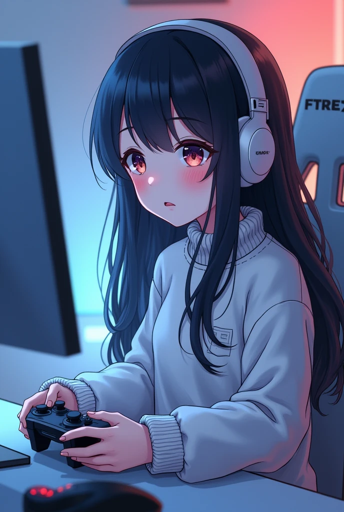 A dark brown haired anime girl with white skin, wearing a white sweater and long hair, sitting on a gamer chair, playing a game on a white dual-screen PC, using a gamer controller.