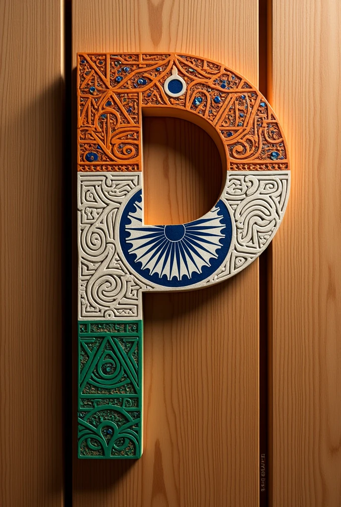 

Create a stylized letter "P" crafted from orange hardwood. The letter should feature intricate patterns inspired by the Indian flag, showcasing a detailed and advanced design. Use dark, bold font characteristics combined with vibrant, cheerful colors for the flag patterns. Ensure the overall style is sophisticated and clear, with a focus on crisp details. It should be made on wood and have wooden texture with wooden background 
