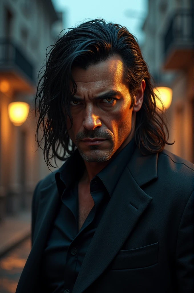 Male; Italian mafia; black medium mullet hair, amber eyes 