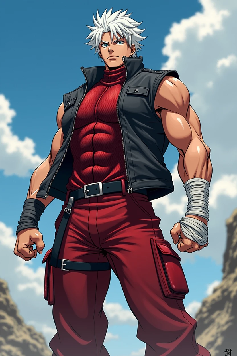 A dynamic illustration of Munashi Kurotani, a young but physically imposing 15-year-old character who stands 203 cm tall and has a muscular build. He has pure white hair and eyes. Munashi is dressed in a tight-fitting dark red shirt made of special mesh fabric with a high collar and no sleeves, paired with slightly loose red combat pants. He wears dark-colored ninja sandals. Over the shirt, he wears a sturdy, zipped combat jacket. His right arm features bandaged hands, while both legs have hip pouches with additional bandages wrapped around them. Capture him in a reflective or intense training pose, emphasizing his immense physical strength. The overall mood should convey his formidable presence, anime ART, webtoon ART, manga art