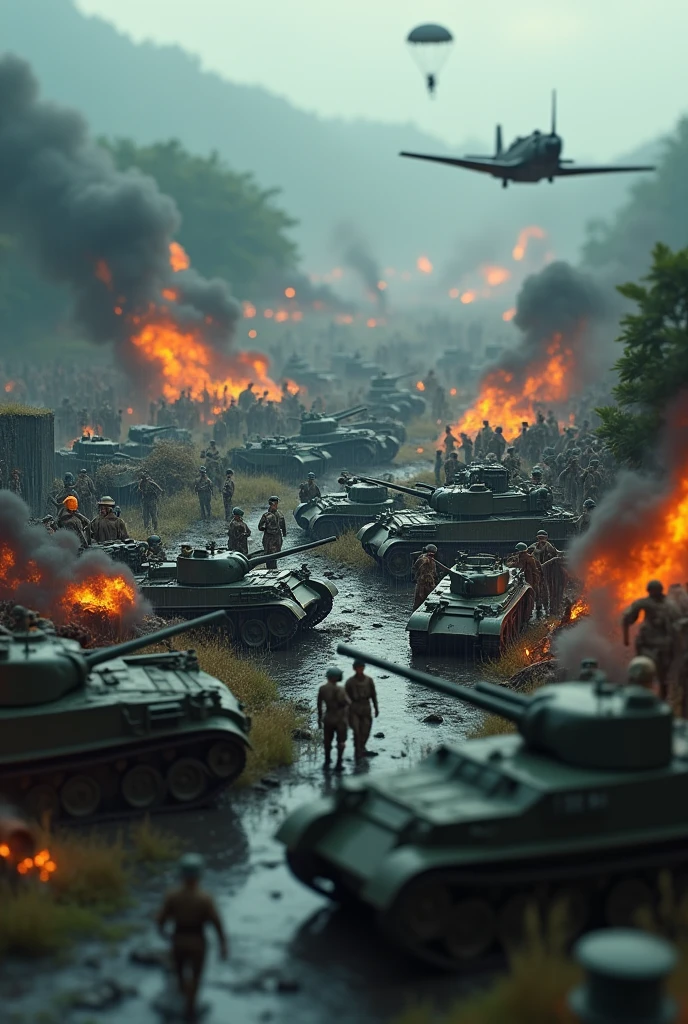 malaysia rainy day bomb everywhere lot of soldier in battlefield.world war 2. tilt shift photography. lot of war. tank.aircraft 1940. air drop