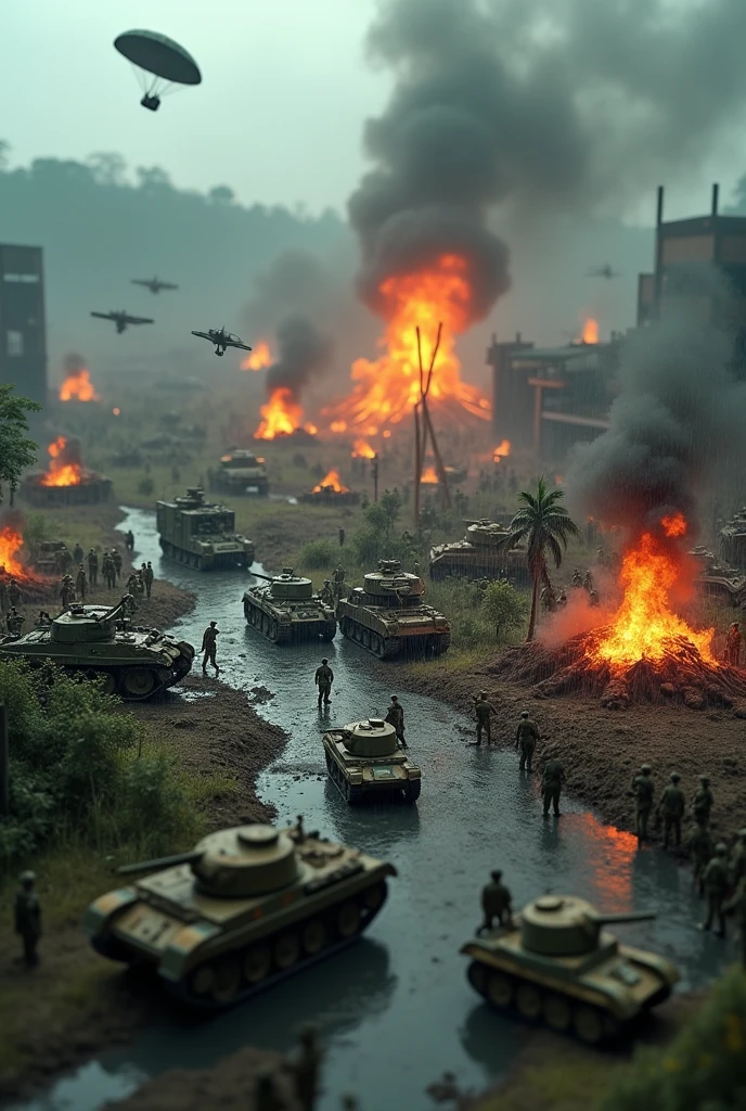 malaysia rainy day bomb everywhere lot of soldier in battlefield.world war 2. tilt shift photography. lot of war. tank.aircraft 1940. air drop