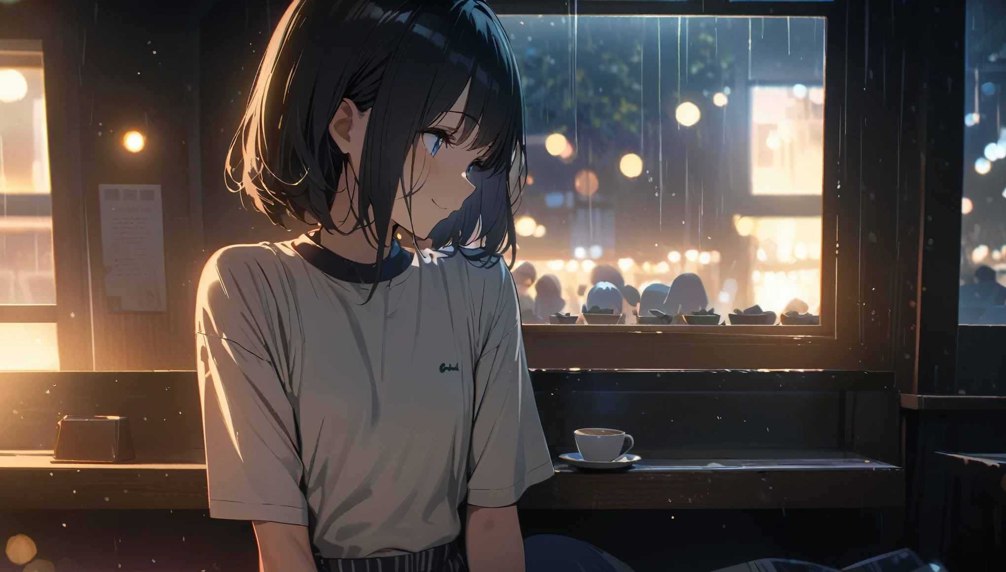 ((ultra-detailed))/(one women with short black hair and bob hair.、beautiful blue eyes,.、smile、gentle smile on her face、flat chest, one Beautiful girl,((masterpiece, illustration, best quality) ((ultra-detailed))/),「In a quiet cafe at night、Outside the window the rain is falling。The character sitting in the corner of the cafe is、Enjoying coffee 。,濃い青とBeautiful Blueのグラデーション, High resolution, 8K HD detail, hyper-detail, cinematic, surrealism, soft light, deep field focus bokeh, ray tracing and surrealism. --v6'