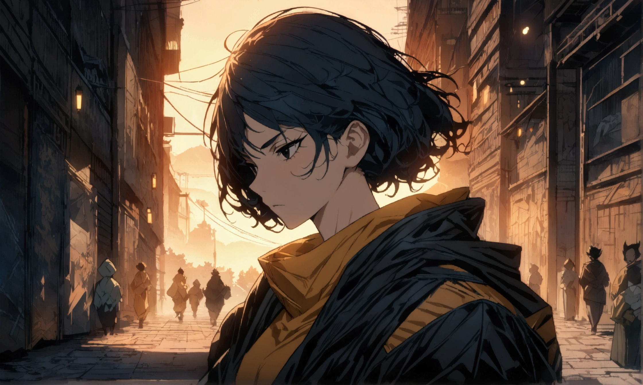 Muscular woman, messy big dark blue hair, black eyes, dark style black outfit, serious look, ((Intricate anime character design inspired by Haikyuu)), ((stunning lighting)), ((fine lines)), ((stunning focus)), ((stunning face)), ((detailed focus)), ((detailed background)), ((ultra-fine 2D design)), ((scenery bathed in creativity)), ((2D masterpiece)), ((best quality), ((8K)), ((anime style))