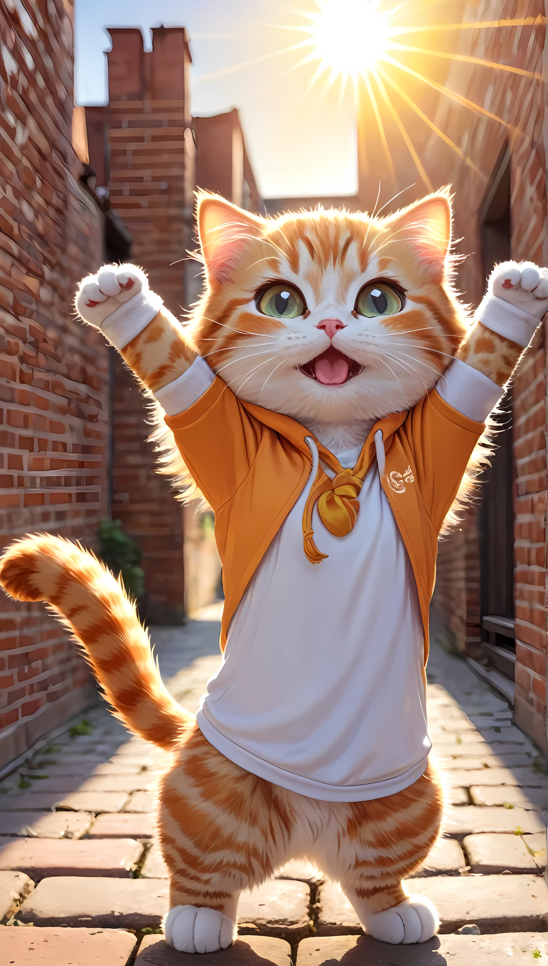 cute cat, cartoon , arms, hands ,cute eyes, looking at viewer, arms up, close, background, clothes, sunny, brick, sun