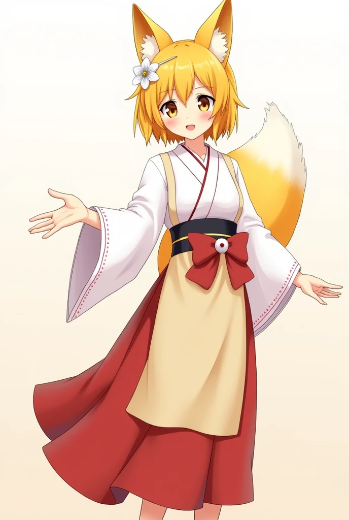 Draw me a beautiful girl with fox ears and one tail with short yellow-orange hair dressed in a white kemano with red dotted lines along the sleeves with a red long skirt and on top of all the clothes a beige apron the apron belt is black and should envelop her neck and it should be on top of the skirt and on the Senko belt there should be a red big bow. and with a smile he stretches out his hand in front of you. and on her head there is a hairpin in the form of a flower with red petals and in the center there is a white circle.
