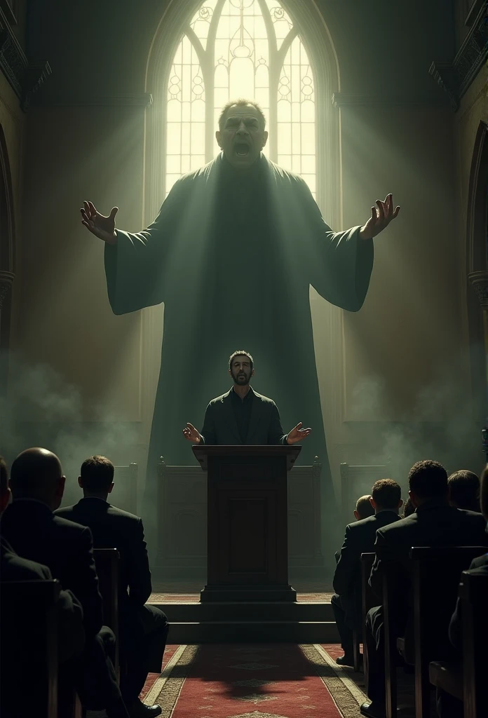 man preaching aggressively from a pulpit and his shadow stretching far across the floor and covering the audience, photography, realistic, detailed, dramatic