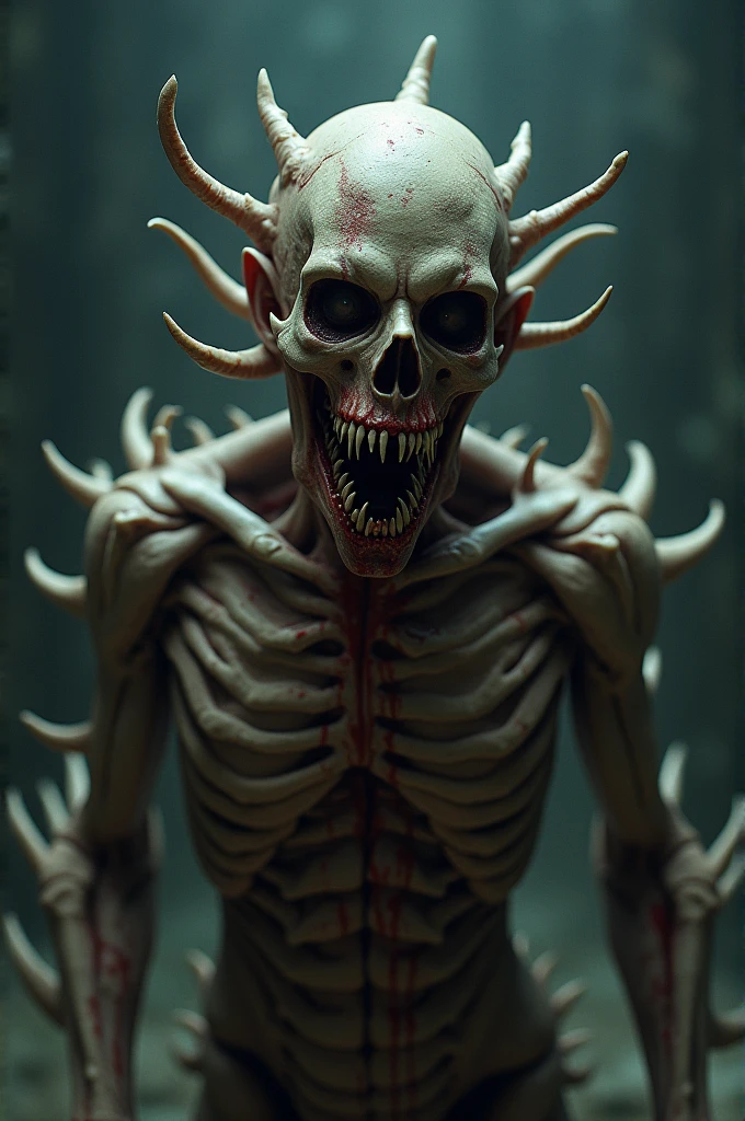create this: Right under his eyes, the corpse was going through a nightmare-inducing metamorphose. Strange bone growths pierced its skin, extending like spikes. The muscles bulged and wriggled, as though trying to change shape. The fingernails were turning into sharp claws; the face cracked and split, bearing open a twisted mouth with one too many rows of bloodied, needle-like fangs.