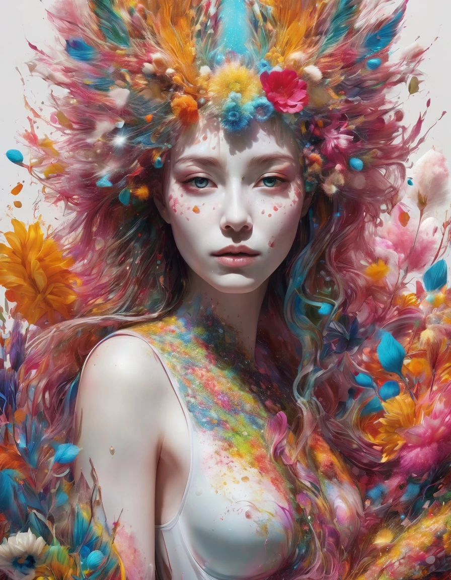 super-detailed airbrushing, digital art, fantasy art, an artistic portrait of something that does not even exist, detailed fur, ((white + background)), warm colors, floral watercolor technique, fabulous, particles, splashes of color, elements, Alberto Seveso, Karol Buck, Peter Saville, Ian Davenport, Felipe Pantone, Emmanuel Muro, magnificent, masterpiece, intricate details, highly detailed background, epic fantasy composition, award-winning illustration "fast negative if there are no animal ears on the hair of human characters, asymmetrical eyes of an animal and a girl, ugly, not photographed, blurred, out of focus, imperfect eyes, no symmetrical pupil in the eyes, no realistic floral logo, 2 heads, 2 faces, tiles, poorly drawn hands, squint, poorly drawn face, out of frame, extra limbs, disfigured, deformed, toy, sculpture, body out of shape frame, blurred, irregular anatomy, fuzzy, grainy, cropped, draft, duplicate, distortion of proportions, heterochromia, dots, poor quality, draft, deformed hands, double hand, disfigured, mutated, extra limb, missing limb, detached limbs, detached limbs, mangled, old, text, verbal sign, inscription, title. hyperrealism