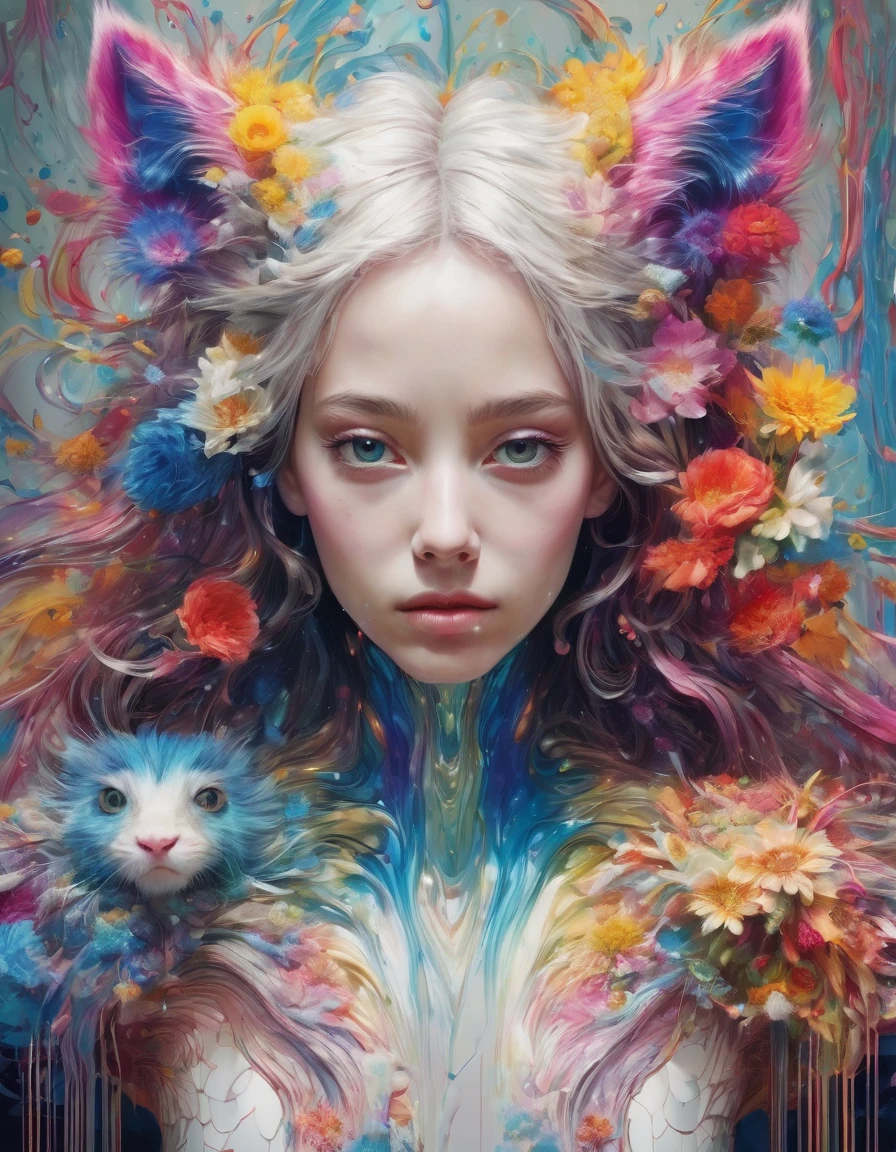 super-detailed airbrushing, digital art, fantasy art, an artistic portrait of something that does not even exist, detailed fur, ((white + background)), warm colors, floral watercolor technique, fabulous, particles, splashes of color, elements, Alberto Seveso, Karol Buck, Peter Saville, Ian Davenport, Felipe Pantone, Emmanuel Muro, magnificent, masterpiece, intricate details, highly detailed background, epic fantasy composition, award-winning illustration "fast negative if there are no animal ears on the hair of human characters, asymmetrical eyes of an animal and a girl, ugly, not photographed, blurred, out of focus, imperfect eyes, no symmetrical pupil in the eyes, no realistic floral logo, 2 heads, 2 faces, tiles, poorly drawn hands, squint, poorly drawn face, out of frame, extra limbs, disfigured, deformed, toy, sculpture, body out of shape frame, blurred, irregular anatomy, fuzzy, grainy, cropped, draft, duplicate, distortion of proportions, heterochromia, dots, poor quality, draft, deformed hands, double hand, disfigured, mutated, extra limb, missing limb, detached limbs, detached limbs, mangled, old, text, verbal sign, inscription, title. hyperrealism