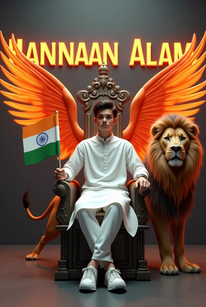 “Make a 3D profile picture that shows a 24-year-old boy wearing a white kurta, sitting relaxed on a throne meant for the King of Beasts. He is holding an Indian flag in one hand, and there is a fierce lion by his side. He’s wearing sneakers and looking straight ahead. The name ‘Hannaan Alam’ is written in big, glowing orange letters on a dark gray wall behind him. He has no shadow, and there are wings in the colors of the Indian flag on his back.”