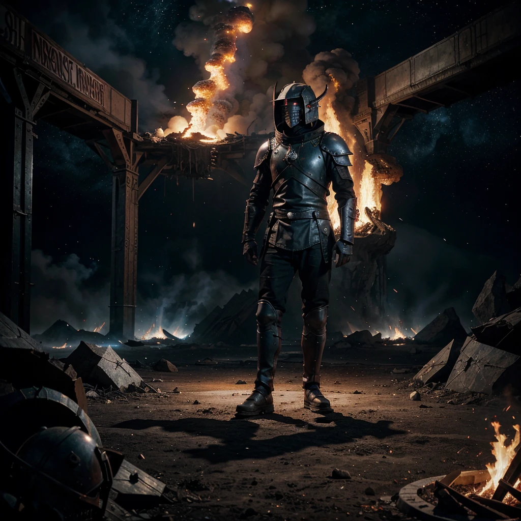 lonely knight, Cosmos, demon horde, lots of fire and blood, fury, space ship on the arbiter