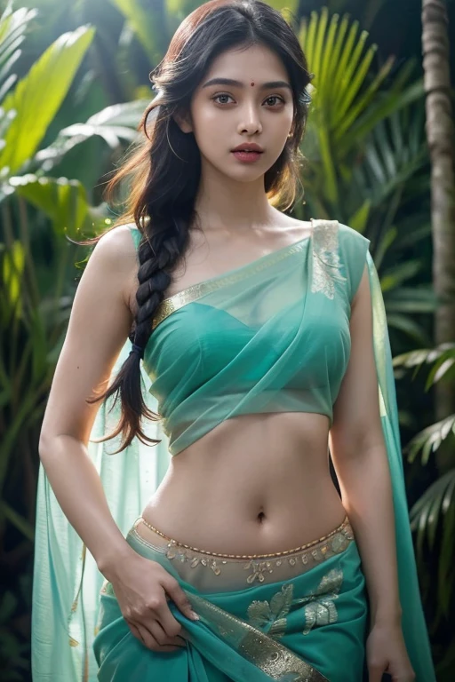30 year old indian woman, thin saree, oily body, long dense braided hair, tropical forest, ultra realistic, realism, cute, charming, day time, tattooed body, medium height, big eyes, sexy, ambient lighting, perfect anatomy, detailed body and face, 8k