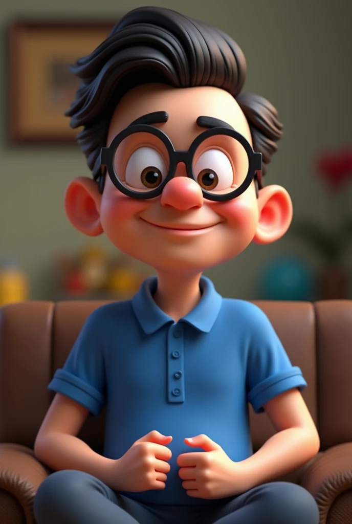 Cartoon character of a man in black glasses and blue shirt, an animated character, stylized character, animation style rendering, 3d stylized, Arnold Maya rendering, Stylized 3D rendering, toon render screenshot, 3d character, 3d character, Stylized 3D rendering, 3D character rendering, cartoon character, Personagem de close up, character posing, (Pixar-style) (master part:1.2) (bokeh) (best qualityer) (skin detailed) (detailed texture) (8k) (Argilla) (cinematic lighting) (sharp focus,Sit down and lift your upper body