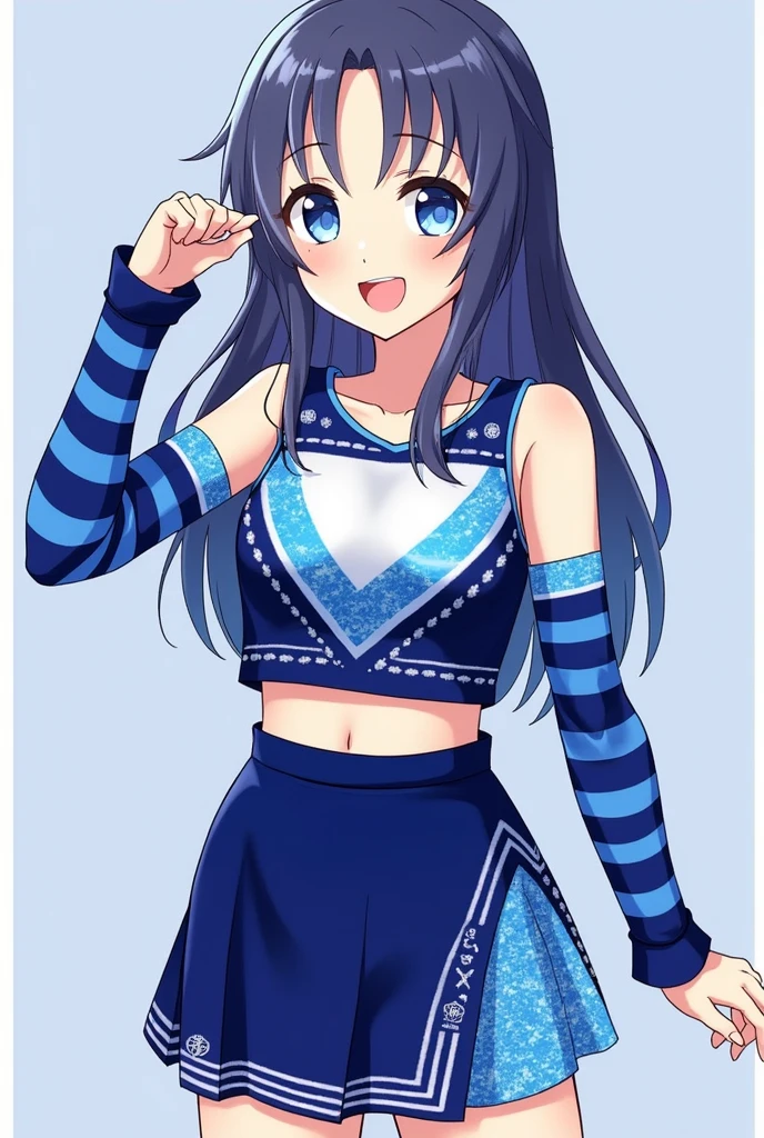 two-piece cheerleader uniform (short top and short skirt) colors: Navy blue, light blue and white
top: (short below bust) Navy blue con mangas largas desmontables con raya azul claro, the top is round neck, with a light blue top stripe. White at the bottom of the top to print the logo, y en la parte final inferior terminación con raya azul claro y Navy blue (raya vertical) . Gradient shimmer at the top of the top. Gradient shimmer at the bottom of the sleeves
skirt: stuck in a V shape at the top in light blue, el resto de la falda es Navy blue. Graded shine at the top of the skirt
Note: when we talk about shine, it refers to sequins and rhinestones superimposed
(use reference model)