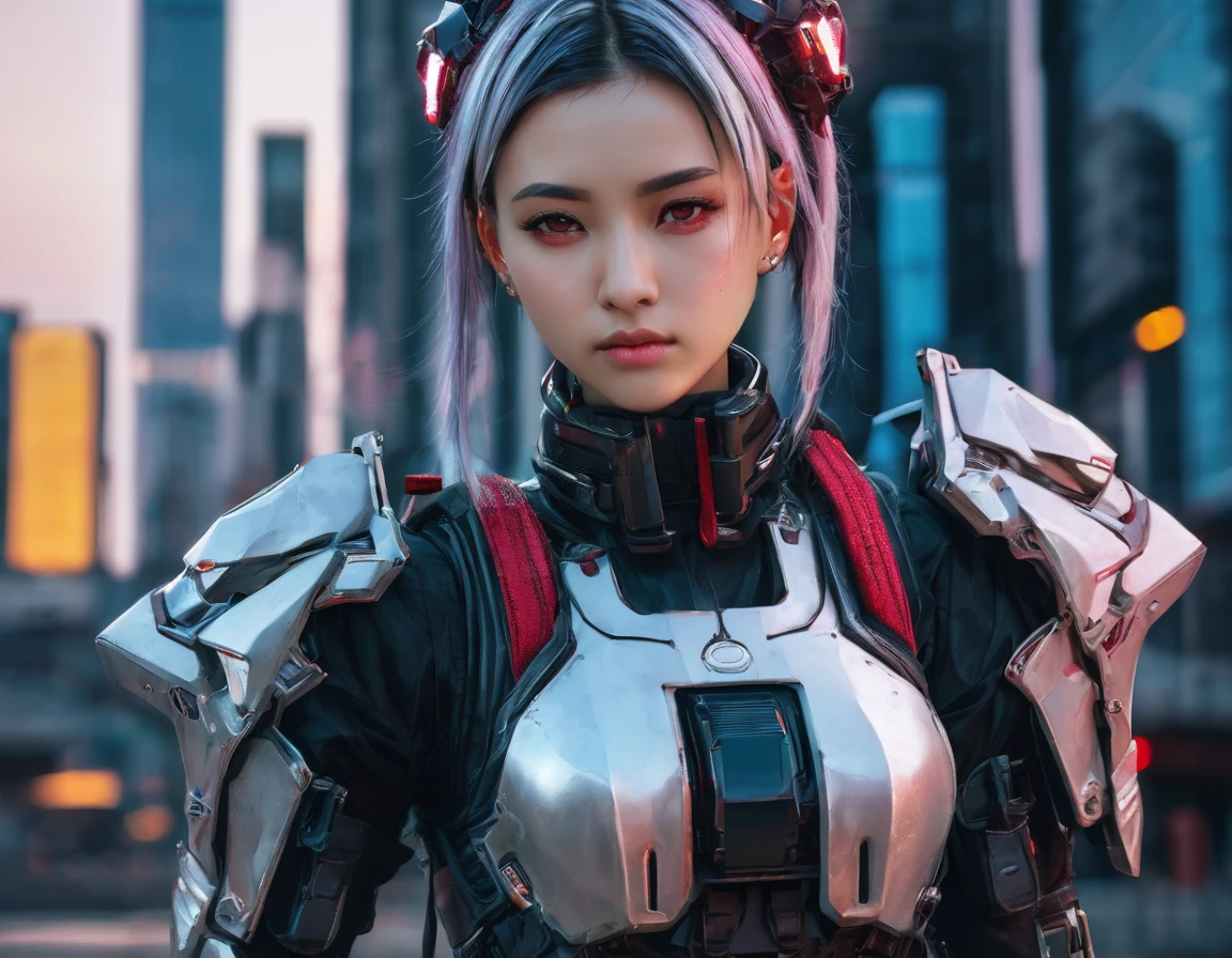 tmasterpiece,Best quality,A high resolution,8K,(Portrait photograph:1.5),(ROriginal photo),real photograph,digital photography,(Combination of cyberpunk and fantasy style),(Female soldier),20 year old girl,random hair style,By bangs,(Red eyeigchest, accessories,Keep one's mouth shut,elegant and charming,Serious and arrogant,Calm and handsome,(Cyberpunk combined with fantasy style clothing,Openwork design,joint armor,Combat uniformposing your navel,Photo pose,Realisticstyle,gray world background,oc render reflection texture