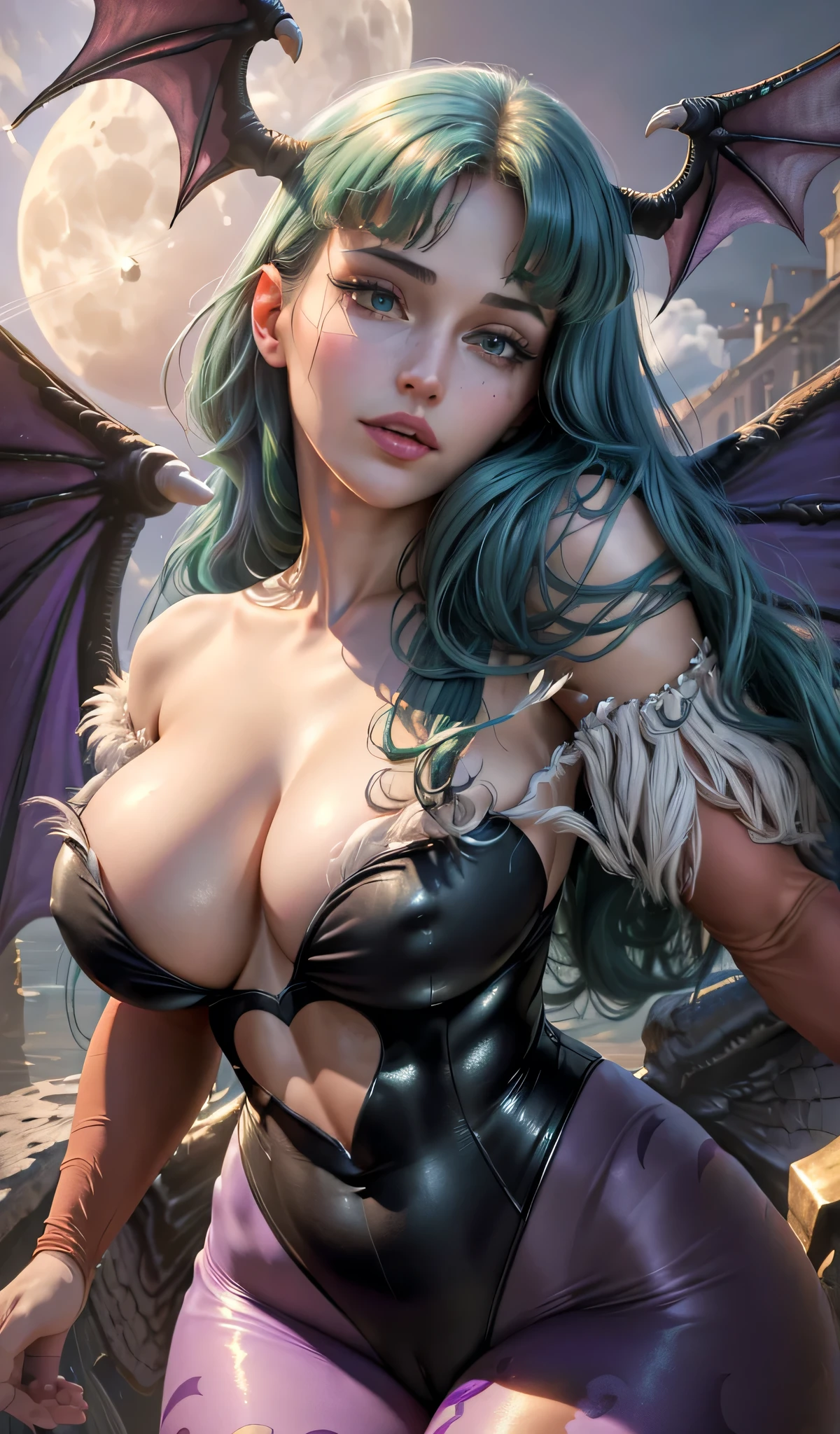 (best quality,4k,8k,highres,masterpiece:1.2),ultra-detailed,(realistic,photorealistic,photo-realistic:1.37), Morrigan beautiful detailed face,detailed eyes,beautiful detailed lips,long eyelashes,beautiful goddess,sensual goddess,beautiful large breasts,beautiful wide hips,small waist,close-up,full moon