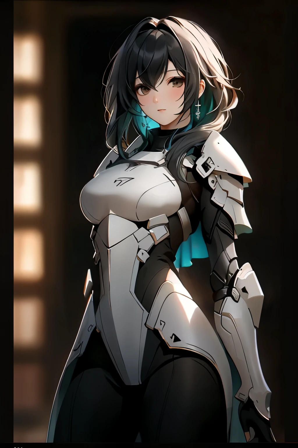 ((best quality)), ((Masterpiece)), (details:1.4), 3d, HDR (high dynamic range), an image of a beautiful cyberpunk female, Centre-parted bangs, black hair, Black eyes, จมูกโด่ง, ปากแดง, หน้าอกใหญ่, nvidia RTX, PBR surface, After processing, Anisotropic filtration,depth of field, Maximum clarity and clarity, multi-layered surface, Subsurface scattering, perfect proportions, 8K raw files, ความละเอียดสุดยอด, Unreal 5, Perfect proportions, Octane Render, Two-tone lighting, Wide aperture, Low ISO, รายละเอียดดวงตา, crusader, Heavy armor, จ้อง, โกรธมาก