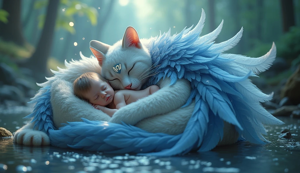 cute, charming sleeping baby in the arms of a huge sleeping cat with heavenly wings, sapphire cloak with stars, stream of sparks of magical light, runes on the forehead, water, forest, fairy tale, fantasy, hyperrealism, body curve, nobility, kindness, watercolor, blue, blue, sapphire, pastel colors, glare, glow, streams of sparks, 3D Fantasy, haze, fog, fantastic, hyperdetail, photo, high detail, backlight, ultra-realistic, art-eklerika, depth of field for everything, HDR, work of art.