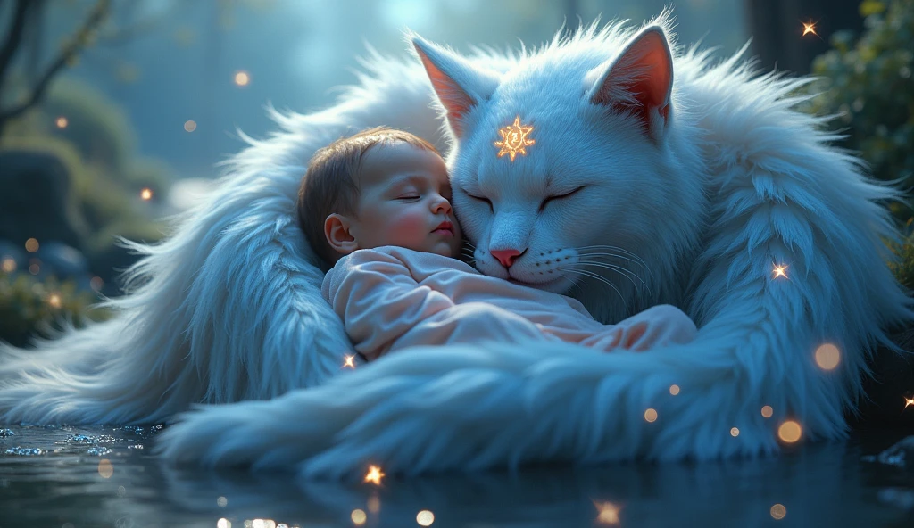 cute, charming sleeping baby in the arms of a huge sleeping cat with heavenly wings, sapphire cloak with stars, stream of sparks of magical light, runes on the forehead, water, forest, fairy tale, fantasy, hyperrealism, body curve, nobility, kindness, watercolor, blue, blue, sapphire, pastel colors, glare, glow, streams of sparks, 3D Fantasy, haze, fog, fantastic, hyperdetail, photo, high detail, backlight, ultra-realistic, art-eklerika, depth of field for everything, HDR, work of art.