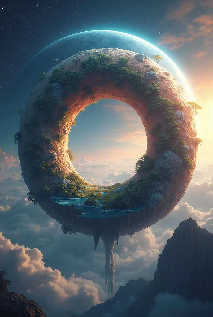 A highly detailed, beautifully rendered painting of a doughnut-shaped planet, hyperrealistic, photorealistic, 8K resolution, intricate details, vibrant colors, dramatic lighting, celestial background, glowing atmosphere, floating islands, lush forests, winding rivers, serene oceans, majestic mountains, dynamic clouds, awe-inspiring scale, cinematic composition, digital art, concept art
