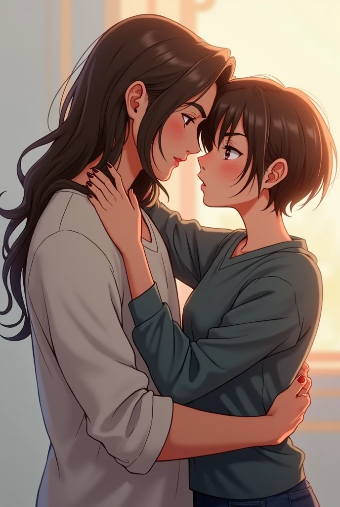 make a fanart of a girl with short brown hair that isn’t longer than her neck, hugging a boy with long brown straight hair. the girl has a rebellious vibe going on there and the boy is very sweet.