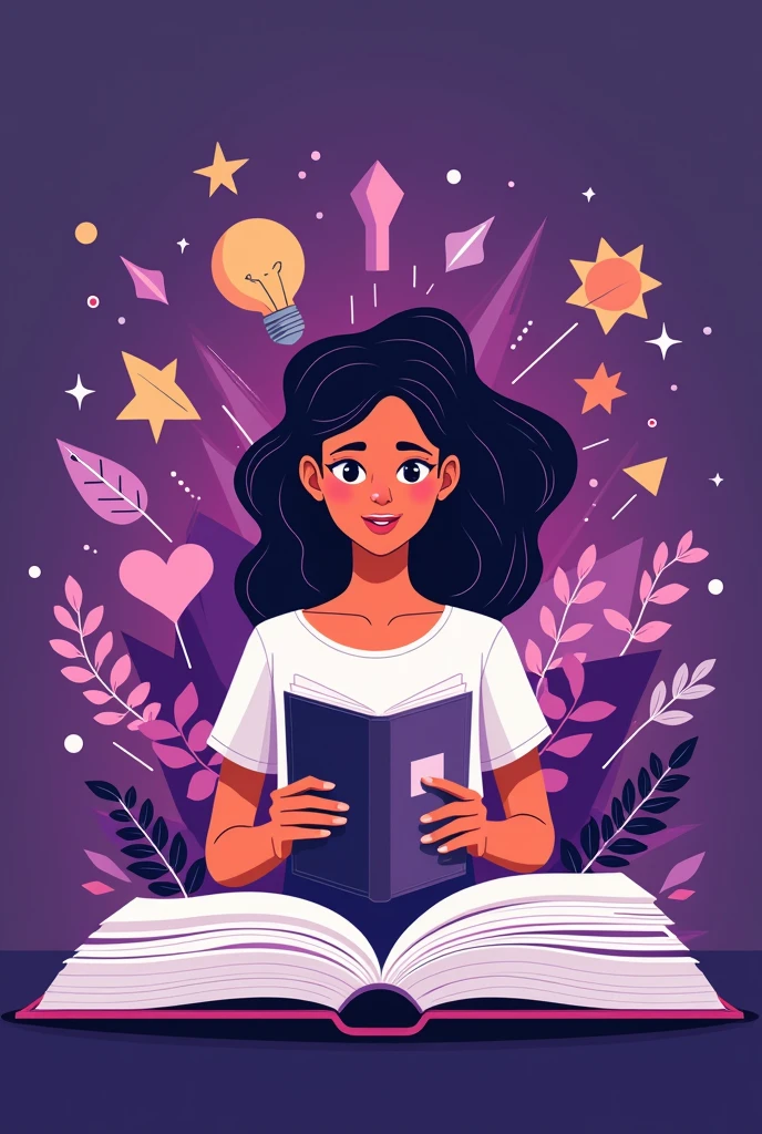 A Brazilian woman, in student age, with a book in hand open and coming out of the book head graphic elements that refer to entrepreneurship, innovation and socioemotional skills. Use the purple palette as default colors