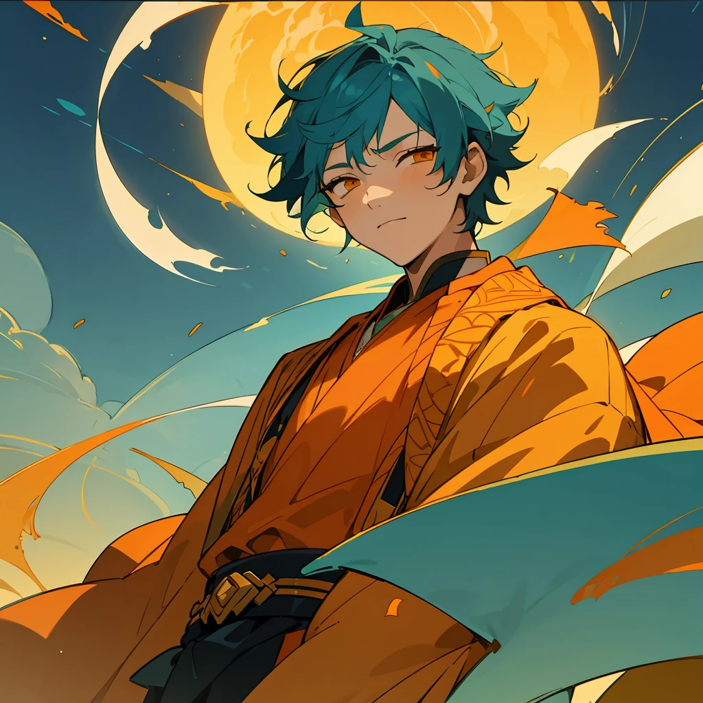 1 boy, Turquoise hair, orange eyes, Arabian cloth, handsome, 15 years old ???, orange eye liner, soft smile closing eyes, ancient Arabic clothes, Arabian nights