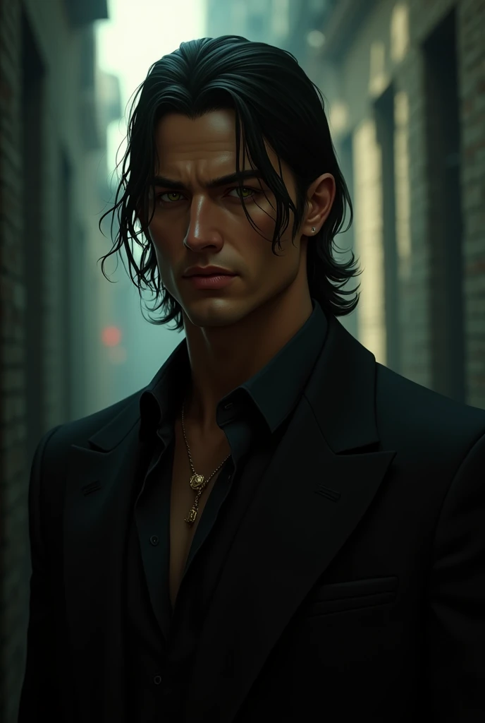 Male; Italian mafia; black medium mullet hair, amber eyes; no beards