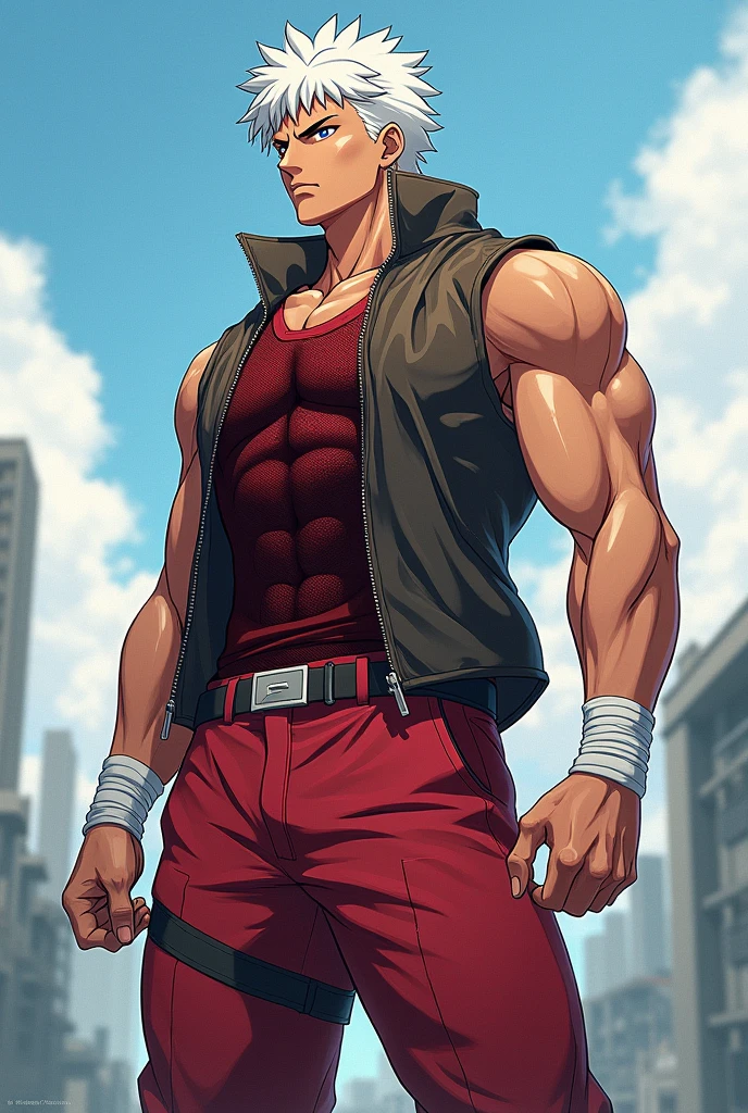 A dynamic illustration of Munashi Kurotani, a young but physically imposing -yeld chcter who stands 203 cm tall and has a muscular build. He has pure white hair and eyes. Munashi is dressed in a tight-fitting dark red shirt made of special mesh fabric with a high collar and no sleeves, paired with slightly loose red combat pants. He wears dark-colored ninja sandals. Over the shirt, he wears a sturdy, zipped combat jacket. His right arm features bandaged hands, while both legs have hip pouches with additional bandages wrapped around them. Capture him in a reflective or intense training pose, emphasizing his immense physical strength. The overall mood should convey his formidable presence, anime ART, webtoon ART, manga art