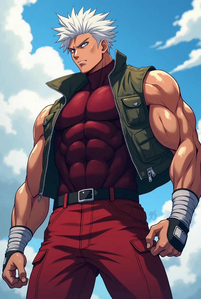 A dynamic illustration of Munashi Kurotani, a young but physically imposing 15-year-old character who stands 203 cm tall and has a muscular build. He has pure white hair and eyes. Munashi is dressed in a tight-fitting dark red shirt made of special mesh fabric with a high collar and no sleeves, paired with slightly loose red combat pants. He wears dark-colored ninja sandals. Over the shirt, he wears a sturdy, zipped combat jacket. His right arm features bandaged hands, while both legs have hip pouches with additional bandages wrapped around them. Capture him in a reflective or intense training pose, emphasizing his immense physical strength. The overall mood should convey his formidable presence, anime ART, webtoon ART, manga art