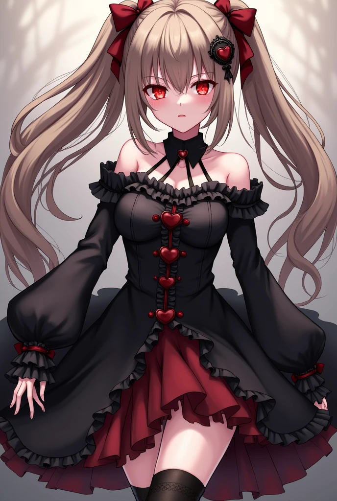 1girl, evil neuro-sama, red eyes, light brown hair, ahoge, two side up, hair ribbon, dark red ribbon, heart hair ornament, black dress, frilled dress, off-shoulder dress, bare shoulders, frilled choker, long sleeves, red bow, red buttons, black heart, black socks, frilled socks, grey footwear, loafers, (masterpiece, best quality), highly detailed, finely detailed, wet, see-through,